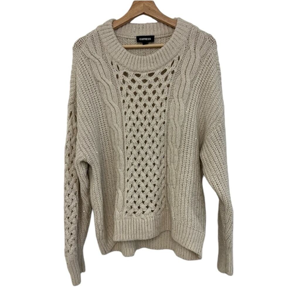 EXPRESS Chunky Knit Sparkly Sequined Cream Colored Sweater Size M